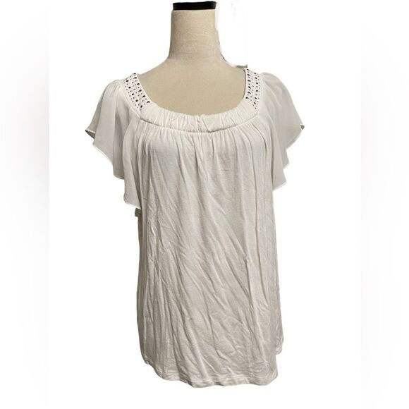 AGB White Blouse w/Sheer Flutter Sleeves & Silver Bejeweled Neckline (Size: Med) - Picture 12 of 12